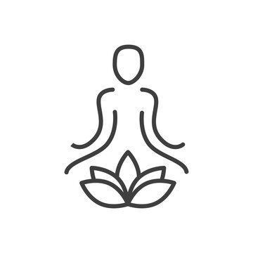 Meditating human silhouette with lotus flower. Yoga and meditation symbol. Logo template for meditation and spiritual wellbeing centre. Simple vector outline icon. 