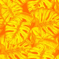Foto auf Acrylglas Aquarell Musterdesign mit Tukan. Exotische botanische Dschungeltapete mit tropischen Vögeln und Blättern. Heller Sommermusterhintergrund. © Natallia Novik