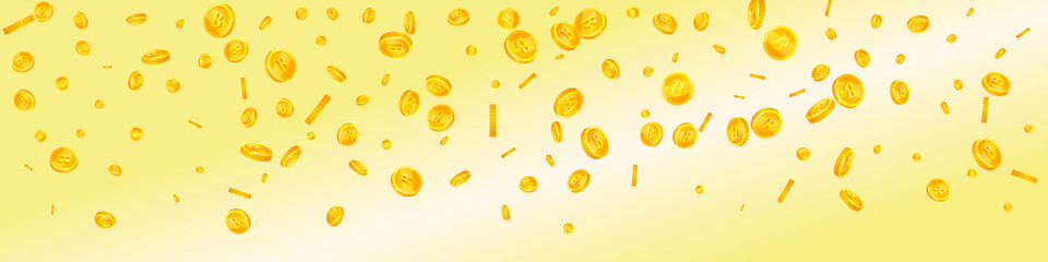 Bitcoin, internet currency coins falling. Cool scattered BTC coins. Cryptocurrency, digital money. Valuable jackpot, wealth or success concept. Vector illustration.