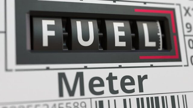 Analog counter displays FUEL text, conceptual 3D animation