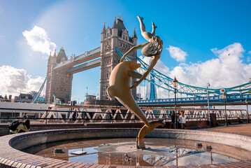 Iconic Tower Bridge view connecting London with Southwark over Thames River, UK. Beautiful view of the bridge.