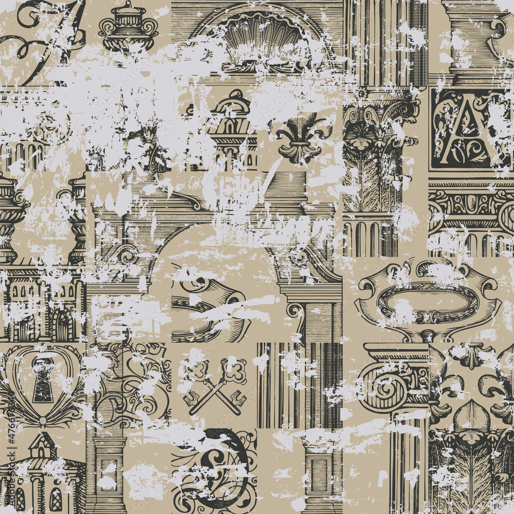 Poster abstract seamless pattern on theme of ancient architecture and art in grunge style. vector backgroun