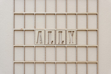 the word "ally" in wooden stencil font on paper