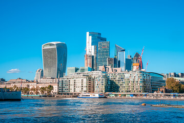 Panoramic view of the London financial district with many skyscrapers in the center of London. 