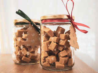 Homemade fudge in a gift glass jar