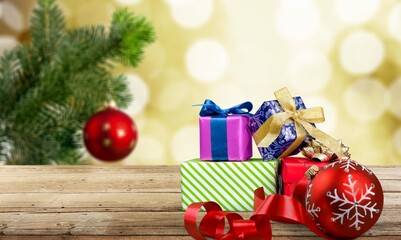 Christmas Decorations and gift boxes on bokeh background