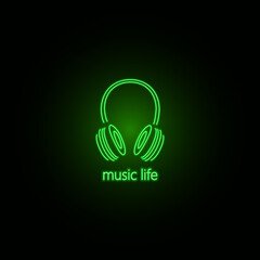Neon items, vector illustration neon headphones in outline style. Headset with neon green effect on a dark background slogan music life. For window dressing, mobile applications