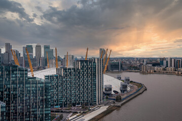 View from the river Thames over Millennium dome or O2 Arena in London, UK. 