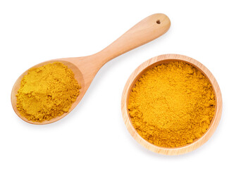 Turmeric Powder on wooden spoon and wooden Bowl on white background, Curry Powder isolated on white background With clipping path.