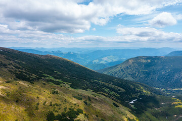 Mighty mountains in Ukraine. Summer Chornohora mountain ridge view from Vesnjarka plateau (Carpathian, Ukraine).
