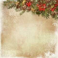 Сhristmas background. Vintage card with firtree and Christmas decorations. Season's greetings