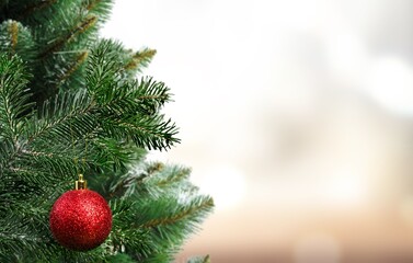 Christmas decoration. Toy balls hanging on pine branches Christmas tree garland and ornaments