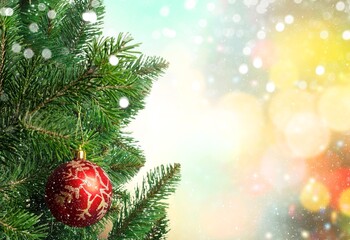 Christmas decoration. Toy balls hanging on pine branches Christmas tree garland and ornaments