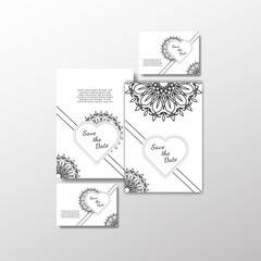Save The Date invitation card design in henna tattoo style. Decorative mandala for print, poster, cover, brochure, flyer, banner