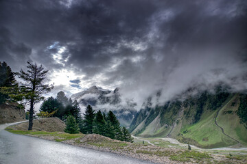 storm clouds over mountains of ladakh, green valley sccenary, Jammu and Kashmir, India