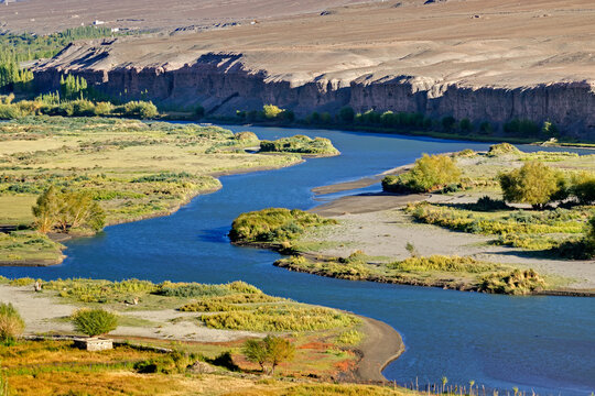 Beautiful Indus river flowing through Ladakh, Jammu and Kashmir, India, natural landscape and scenic view of waterbody, riverbank aerial view.