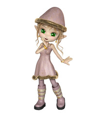 Cute Toon Christmas Elf Girl a Pink Dress and Hat, 3d digitally rendered fantasy illustration