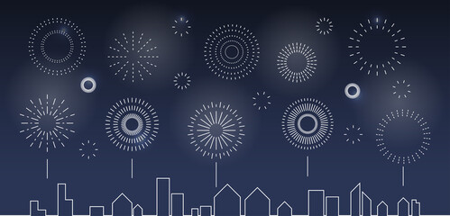 Firework vector. Celebrate firecracker burst white line, simple on the sky over the city on blue background. Elements for Happy New year, anniversary. Vector illustration. - obrazy, fototapety, plakaty
