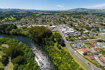 Aerial drone panoramic view over Cambridge and Leamington, in the Waikato region of New Zealand