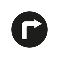 Corner right and up arrow. Angular figure. Black circle. Direction signpost. Flat sign. Vector illustration. Stock image. 