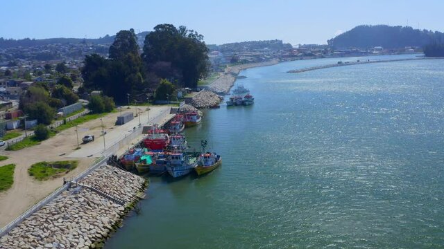 port of constitucion boat trips and fishing of fishermen maule city of constitucion region of maule, talca santiago de chile drone shot