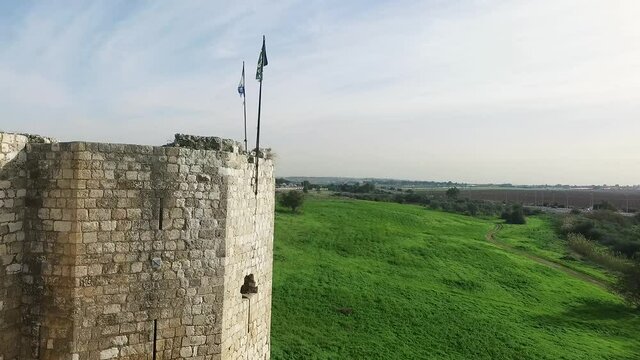 Antipatris Fortress Yarkon National Park – Tel Afek. Israeli flag Drone Footage
