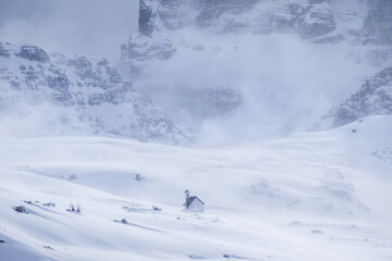 Chapel during the Snowstorm, South Tyrol, Dolomites Italy
