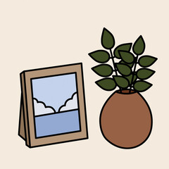 Flat vector hand draw illustration. Frame with a photograph of the sea and a plant in a pot. Home decor with pastel colors
