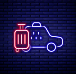 Glowing neon line Taxi car icon isolated on brick wall background. Colorful outline concept. Vector