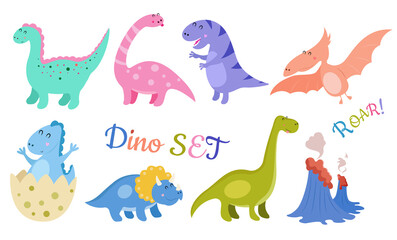 Dinosaurs vector set in cartoon style. Colorful cute baby illustration is ideal for a children's room.