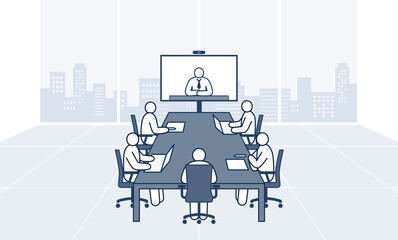 business people attending video conference in office: online business meeting. editable stroke illustration