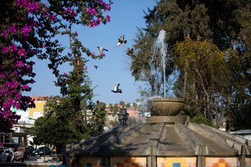 Tecate, Baja California, Mexico - September 14, 2021: Late afternoon light shines on the public town square fountain.