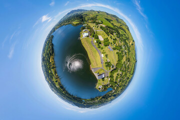 Aerial drone tiny planet globe sphere view over Lake Karapiro, in the Waikato region of New Zealand