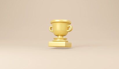 3D Rendering concept of winner. Golden trophy on gold background. 3D Render. 3D illustration. Minimal design template.