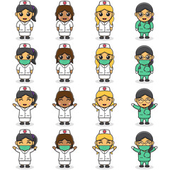 Cartoon Character Vector of Cute Smiling nurse. Cartoon woman nurse in white uniform. Vector illustration in character design. Isolated on a White Background