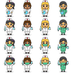 Cartoon Character of Cute Smiling nurse holding Vaccine. Cartoon woman nurse in white uniform. Vector illustration in character design. Isolated on a White Background