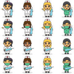 Cartoon Character of Cute Smiling nurse with Syringe. Cartoon woman nurse in white uniform. Vector illustration in character design. Isolated on a White Background