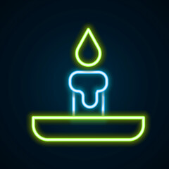 Glowing neon line Burning candle in candlestick icon isolated on black background. Cylindrical candle stick with burning flame. Colorful outline concept. Vector