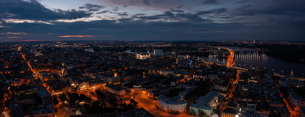 Aerial night view of the the Kyiv city center at night. Top view near the Independence Maidan at Kiev, Ukraine.