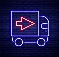 Glowing neon line Delivery cargo truck vehicle icon isolated on brick wall background. Colorful outline concept. Vector