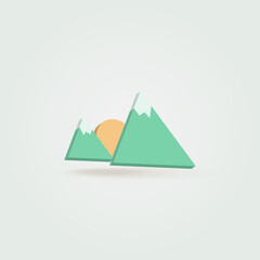 3d design of light green mountain icon with sunrise in the center. suitable for web, app, UI, etc.