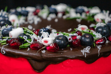 Christmas Day Cake Decoration. Holiday Cake round shaped on black background.