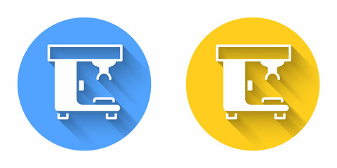 White Coffee machine icon isolated with long shadow background. Circle button. Vector