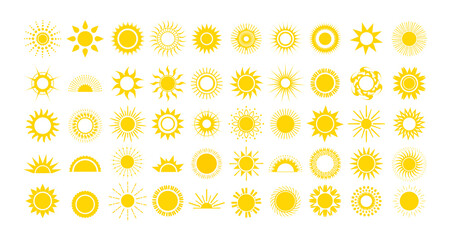 A set of yellow suns of different styles and shapes. Colored icons for creative design.