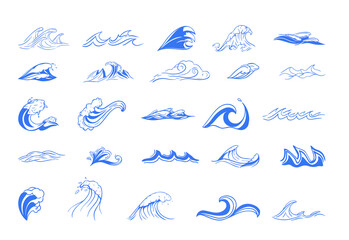 Collection of scenic blue raging waves. Illustrations of water storms and tsunamis.