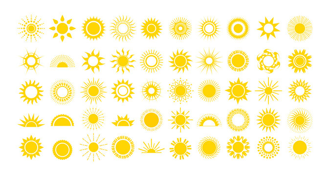A set of yellow suns of different styles and shapes. Colored icons for creative design.