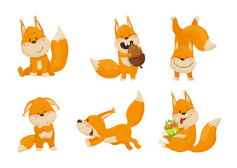 Collection of cartoon illustrations with squirrel performing different actions. Colorful cute character.