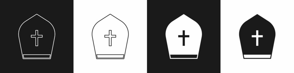 Set Pope hat icon isolated on black and white background. Christian hat sign. Vector