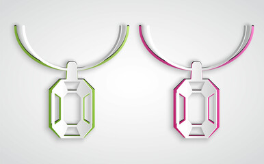 Paper cut Pendant on necklace icon isolated on grey background. Paper art style. Vector