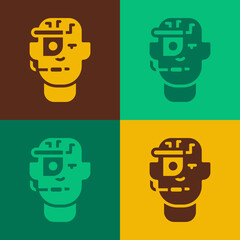 Pop art Smart glasses mounted on spectacles icon isolated on color background. Wearable electronics smart glasses with camera and display. Vector